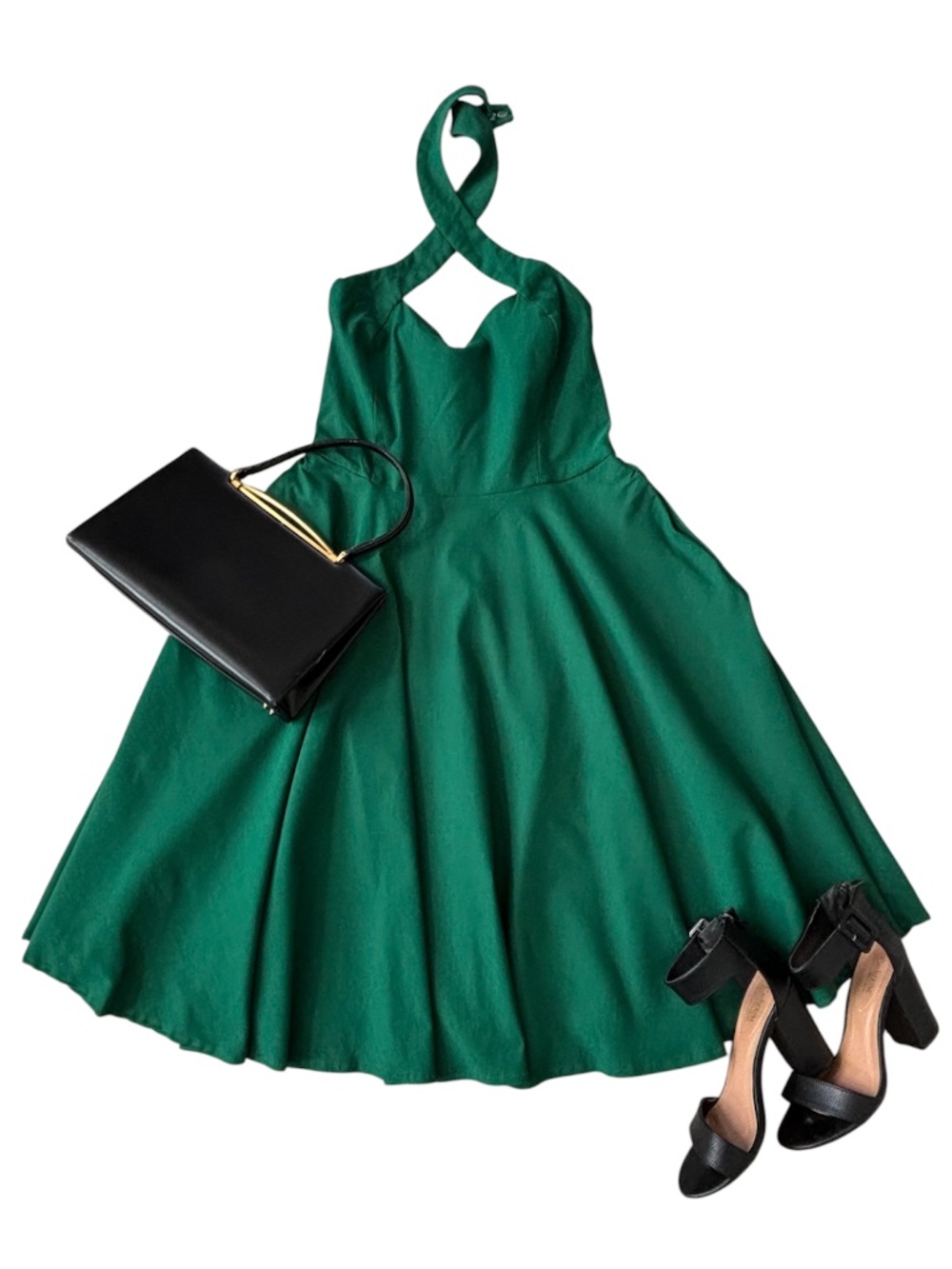 Unique Vintage Halter Swing Dress - Emerald Green Size L - Picture 3 of 13